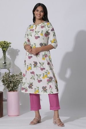 W for Woman White Floral Printed A-Line Textured Cotton Kurta