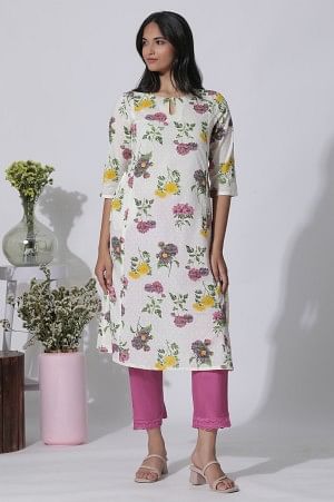 W for Woman White Floral Printed A-Line Textured Cotton Kurta