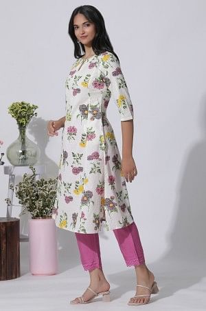 W for Woman White Floral Printed A-Line Textured Cotton Kurta