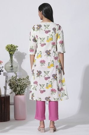 W for Woman White Floral Printed A-Line Textured Cotton Kurta