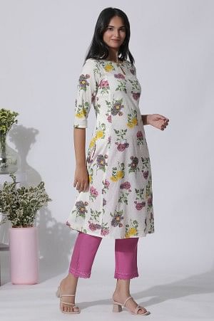 W for Woman White Floral Printed A-Line Textured Cotton Kurta