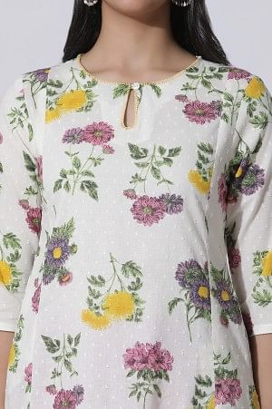 W for Woman White Floral Printed A-Line Textured Cotton Kurta