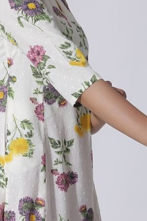 W for Woman White Floral Printed A-Line Textured Cotton Kurta