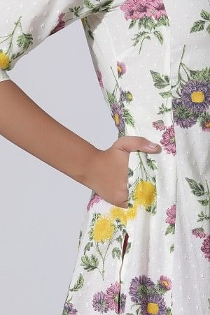W for Woman White Floral Printed A-Line Textured Cotton Kurta