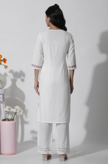 W for Woman White Textured Cotton Embroidered Kurta