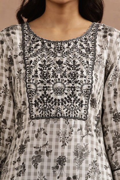 W for Woman White Floral Printed Thread Work Rayon Flax Straight Kurta and Slim Pant Set