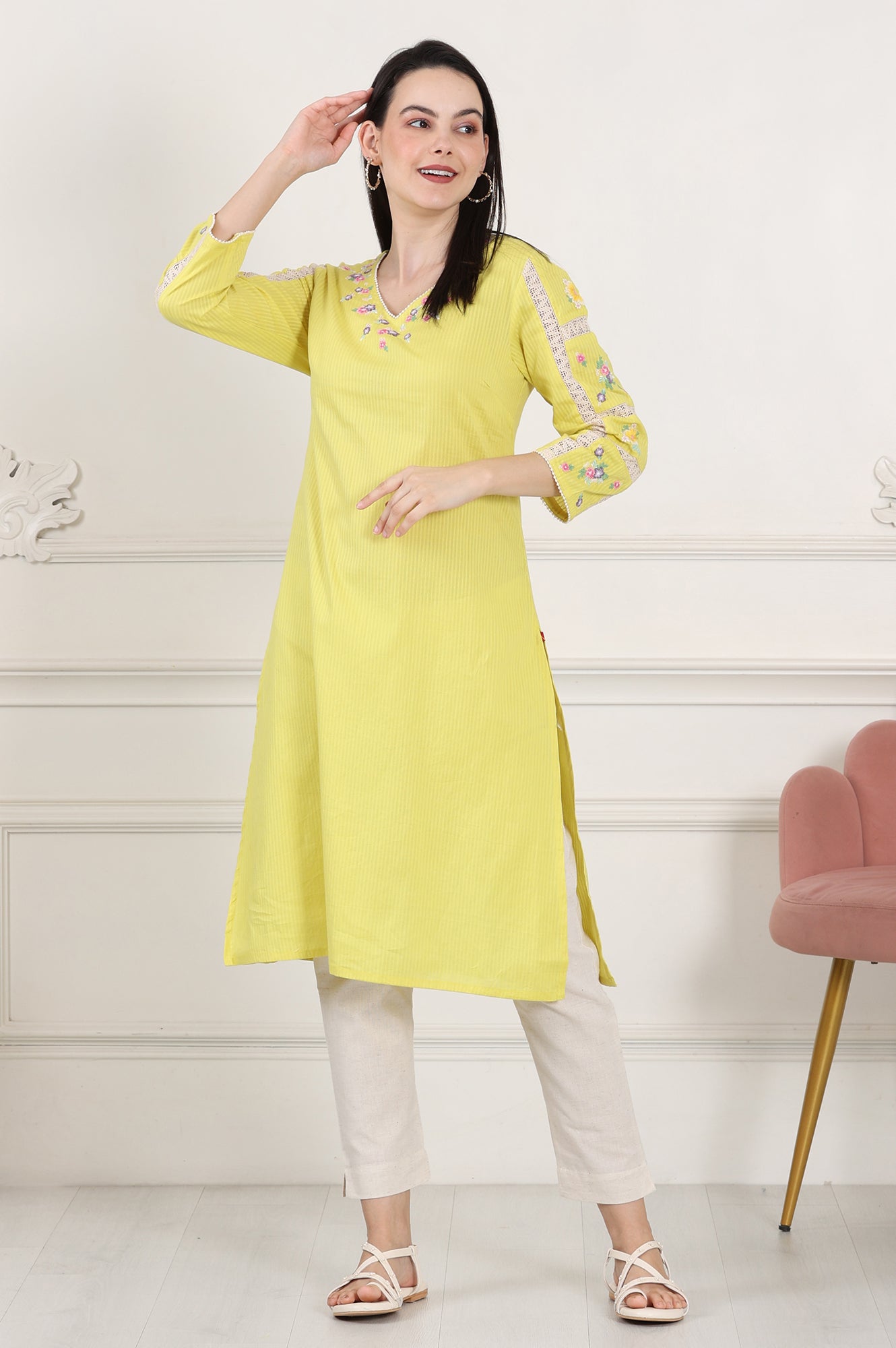 W for Woman Lemon Yellow Floral Thread Embroidered Pure Cotton Straight Kurta