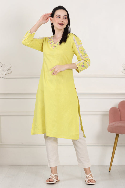 W for Woman Lemon Yellow Floral Thread Embroidered Pure Cotton Straight Kurta