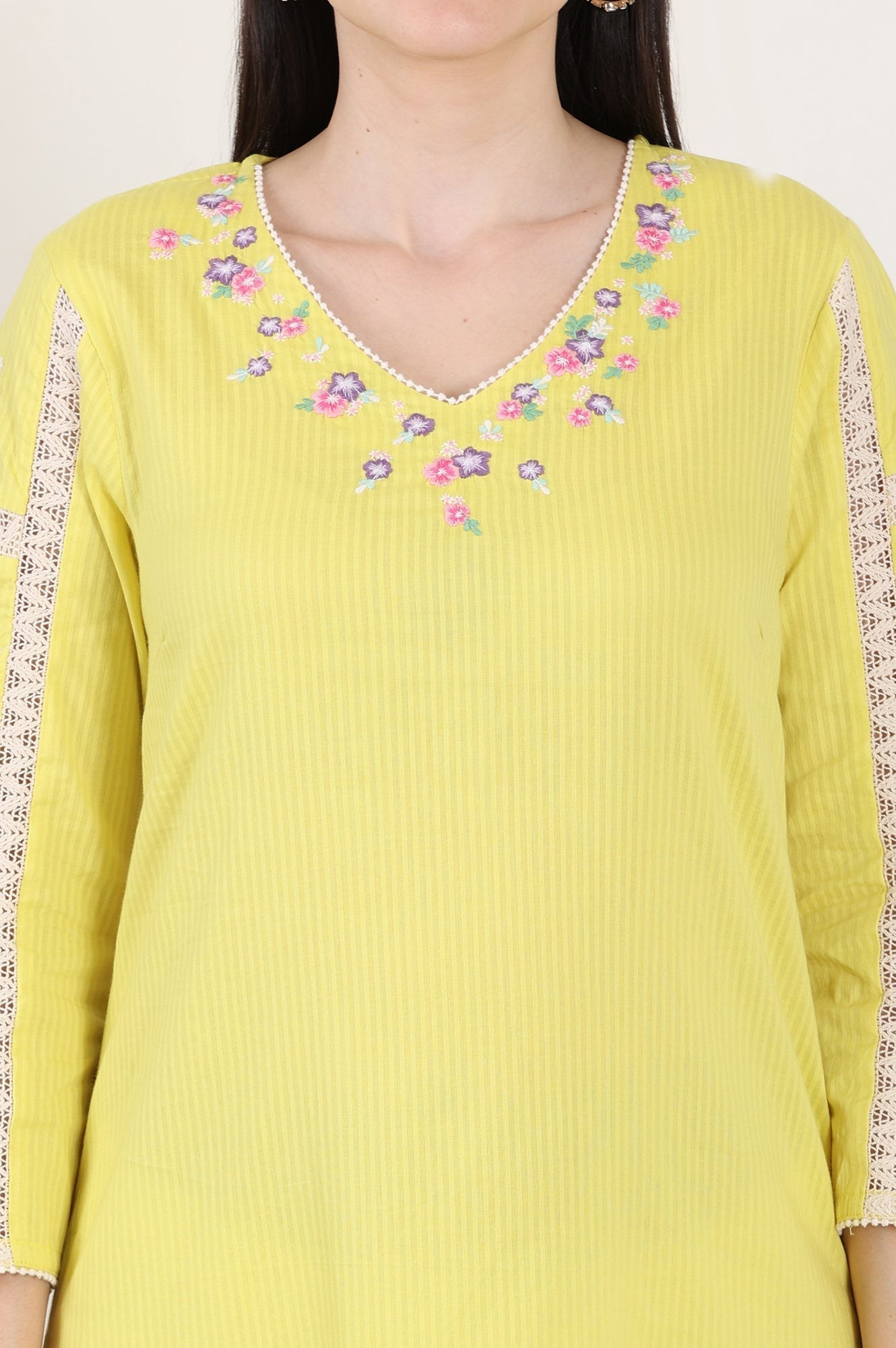 W for Woman Lemon Yellow Floral Thread Embroidered Pure Cotton Straight Kurta