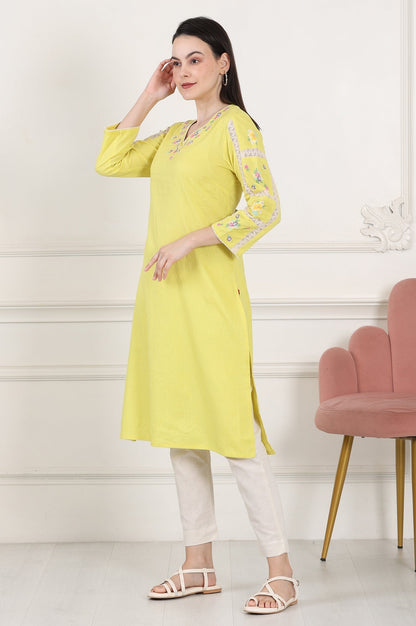 W for Woman Lemon Yellow Floral Thread Embroidered Pure Cotton Straight Kurta