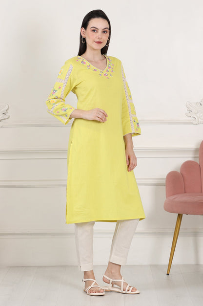W for Woman Lemon Yellow Floral Thread Embroidered Pure Cotton Straight Kurta