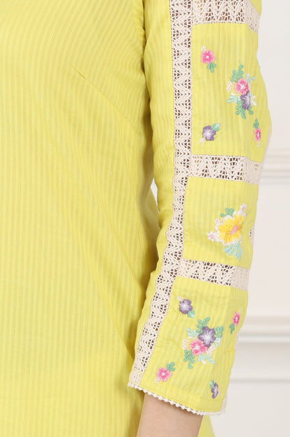 W for Woman Lemon Yellow Floral Thread Embroidered Pure Cotton Straight Kurta
