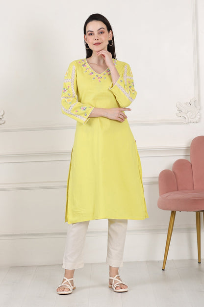 W for Woman Lemon Yellow Floral Thread Embroidered Pure Cotton Straight Kurta