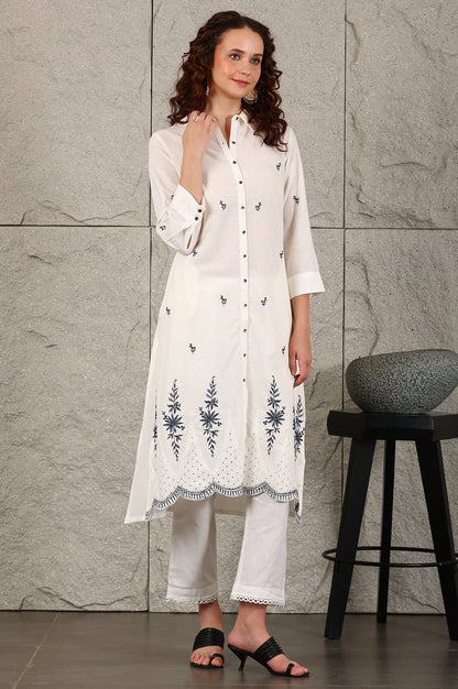 W for Woman White Thread Embroidered Shirt Collar Cotton Blend Kurta