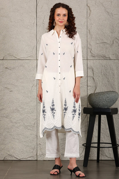 W for Woman White Thread Embroidered Shirt Collar Cotton Blend Kurta