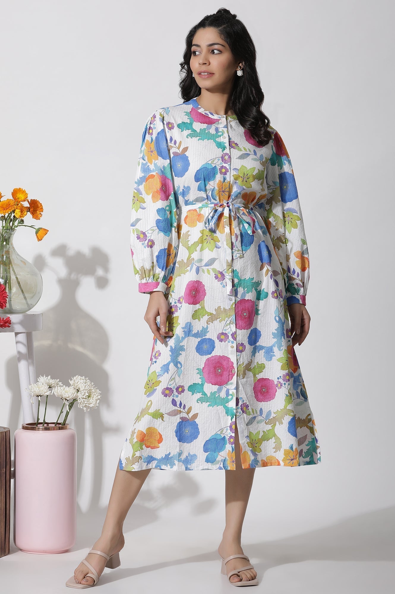 W for Woman White Floral Printed Cotton Shirt Dress