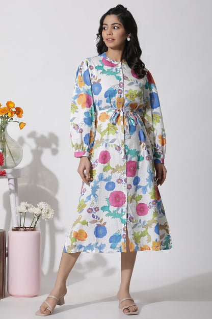 W for Woman White Floral Printed Cotton Shirt Dress