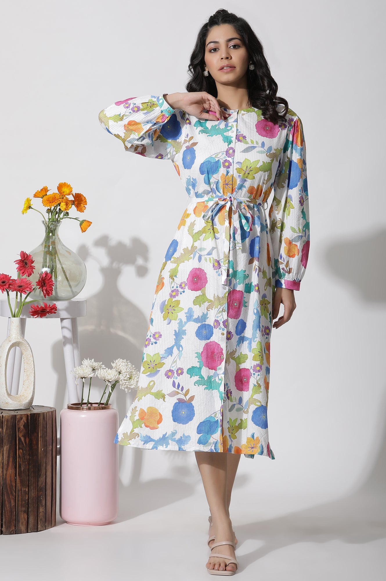 W for Woman White Floral Printed Cotton Shirt Dress