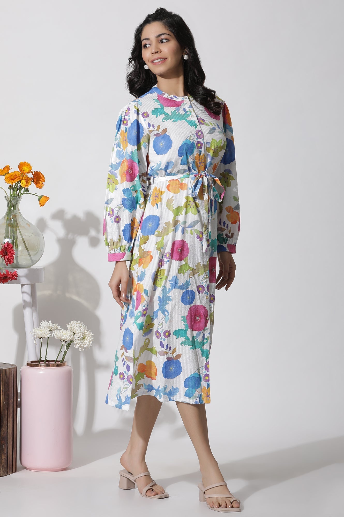 W for Woman White Floral Printed Cotton Shirt Dress