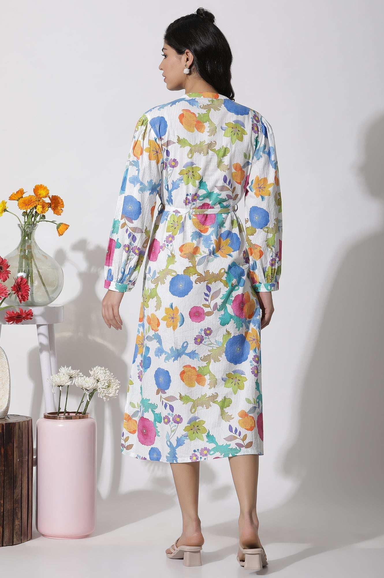 W for Woman White Floral Printed Cotton Shirt Dress