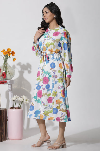 W for Woman White Floral Printed Cotton Shirt Dress