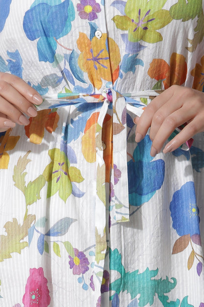 W for Woman White Floral Printed Cotton Shirt Dress