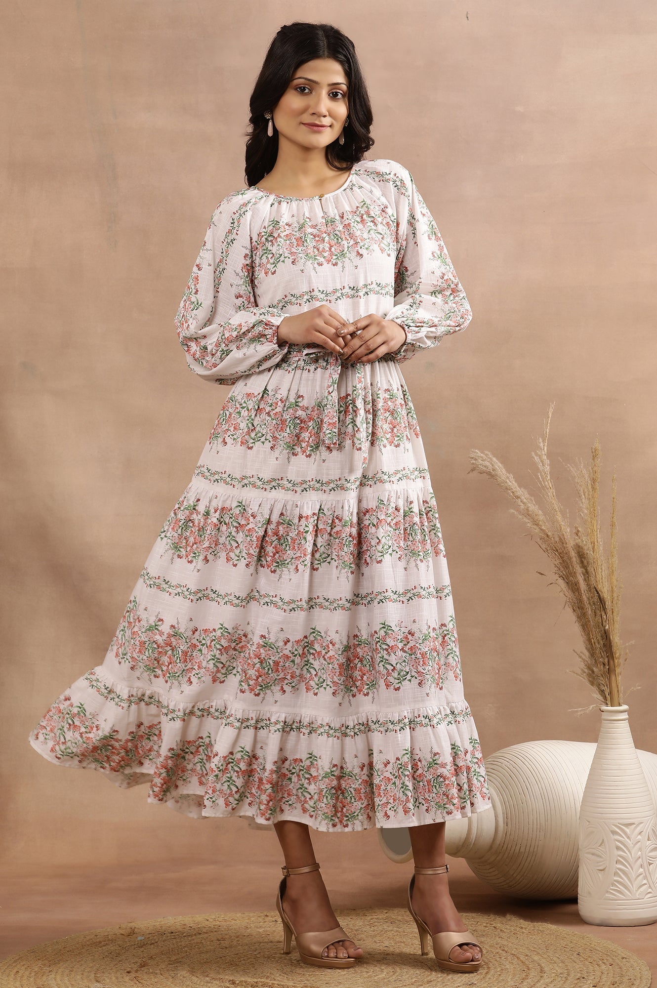 W for Woman White Floral Printed Long Tiered Dress