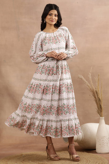 W for Woman White Floral Printed Long Tiered Dress