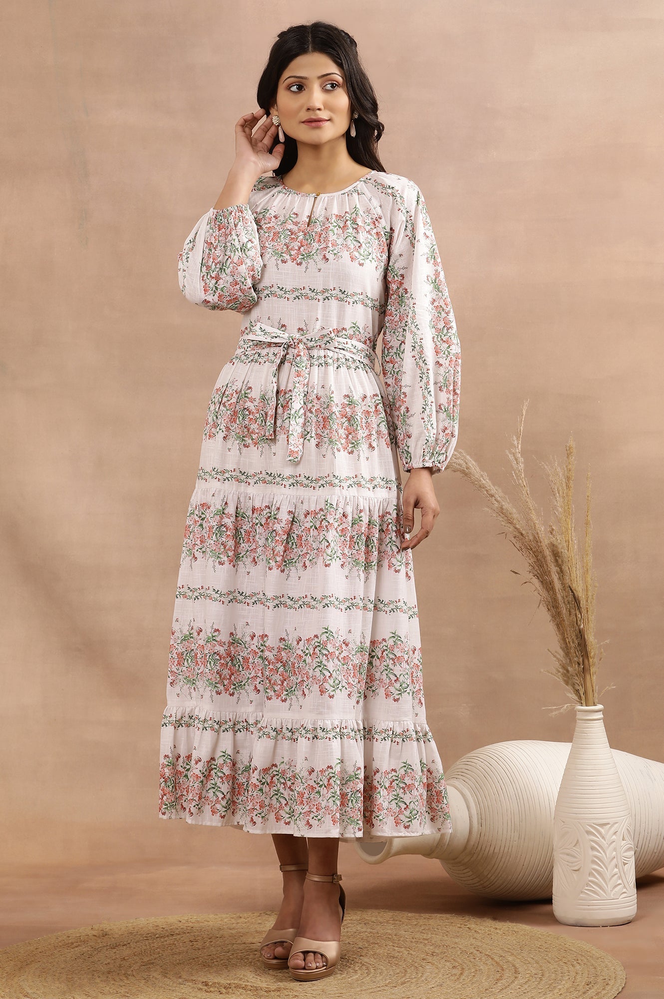 W for Woman White Floral Printed Long Tiered Dress