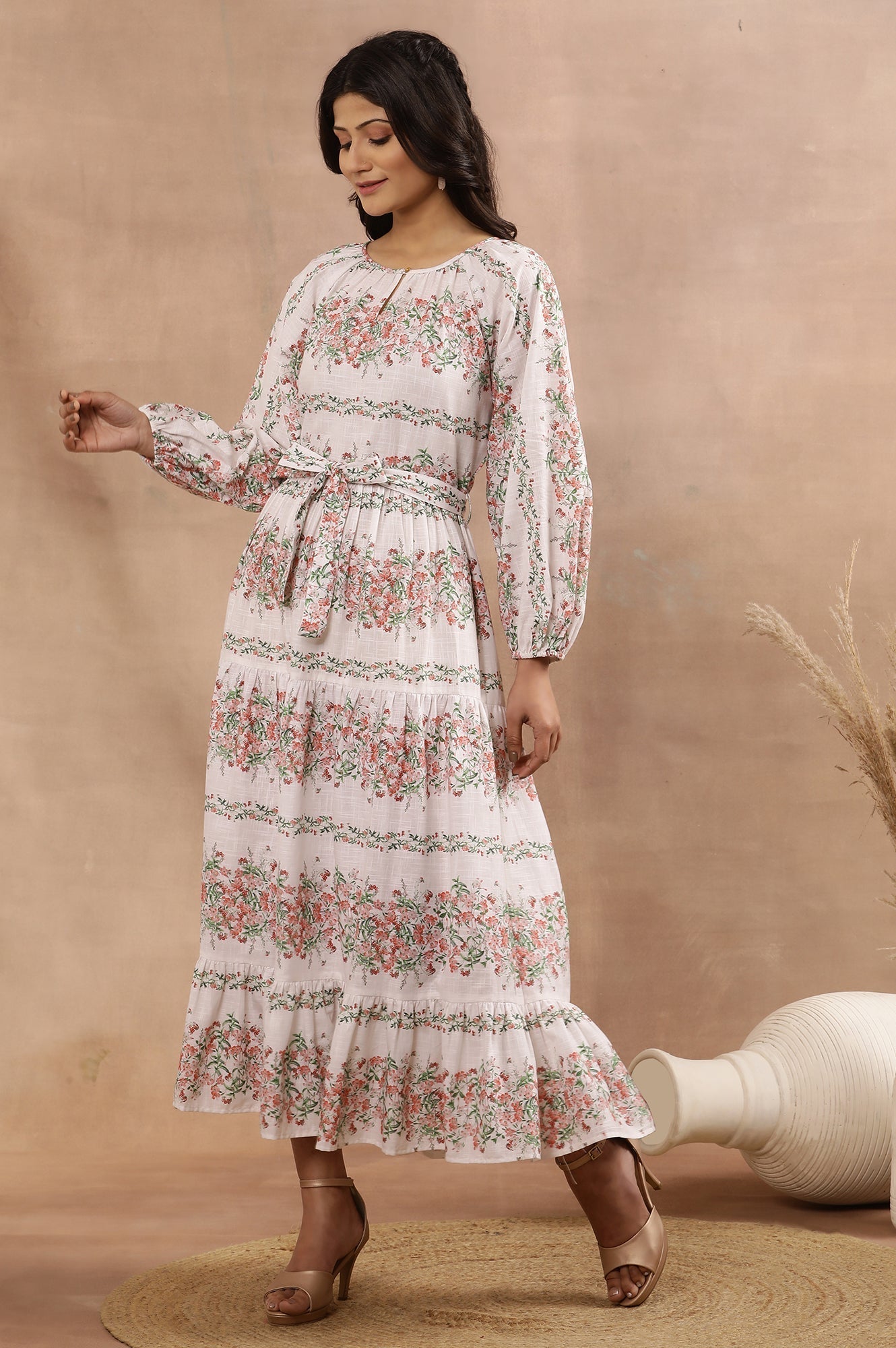 W for Woman White Floral Printed Long Tiered Dress
