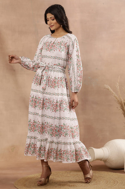 W for Woman White Floral Printed Long Tiered Dress