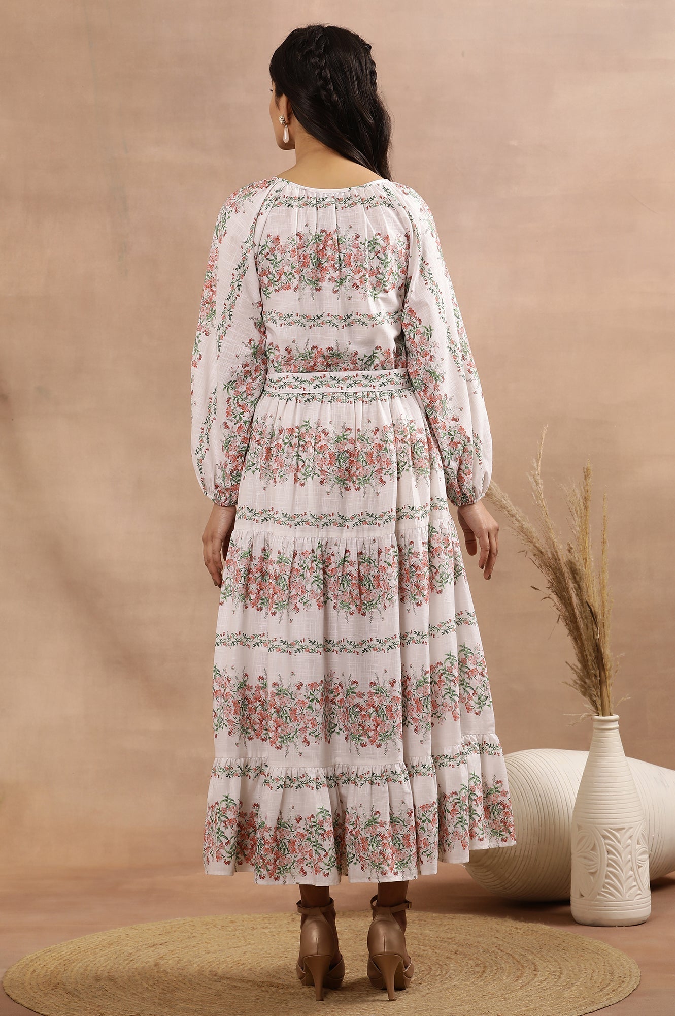 W for Woman White Floral Printed Long Tiered Dress