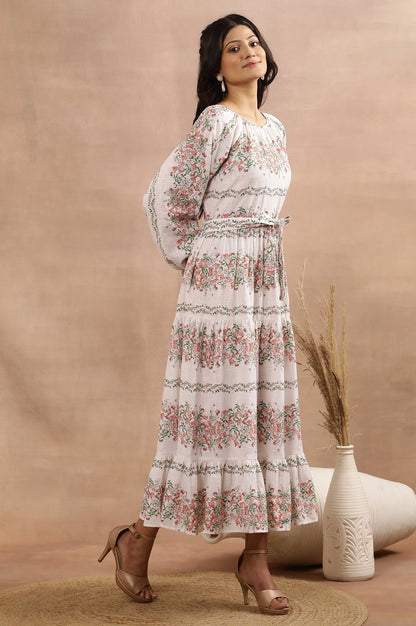 W for Woman White Floral Printed Long Tiered Dress
