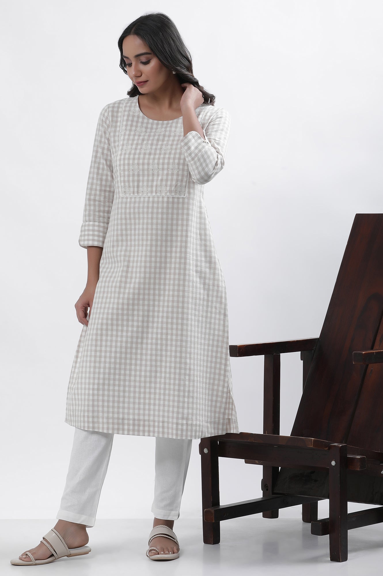 W for Woman White Checker Embroidered Kurta