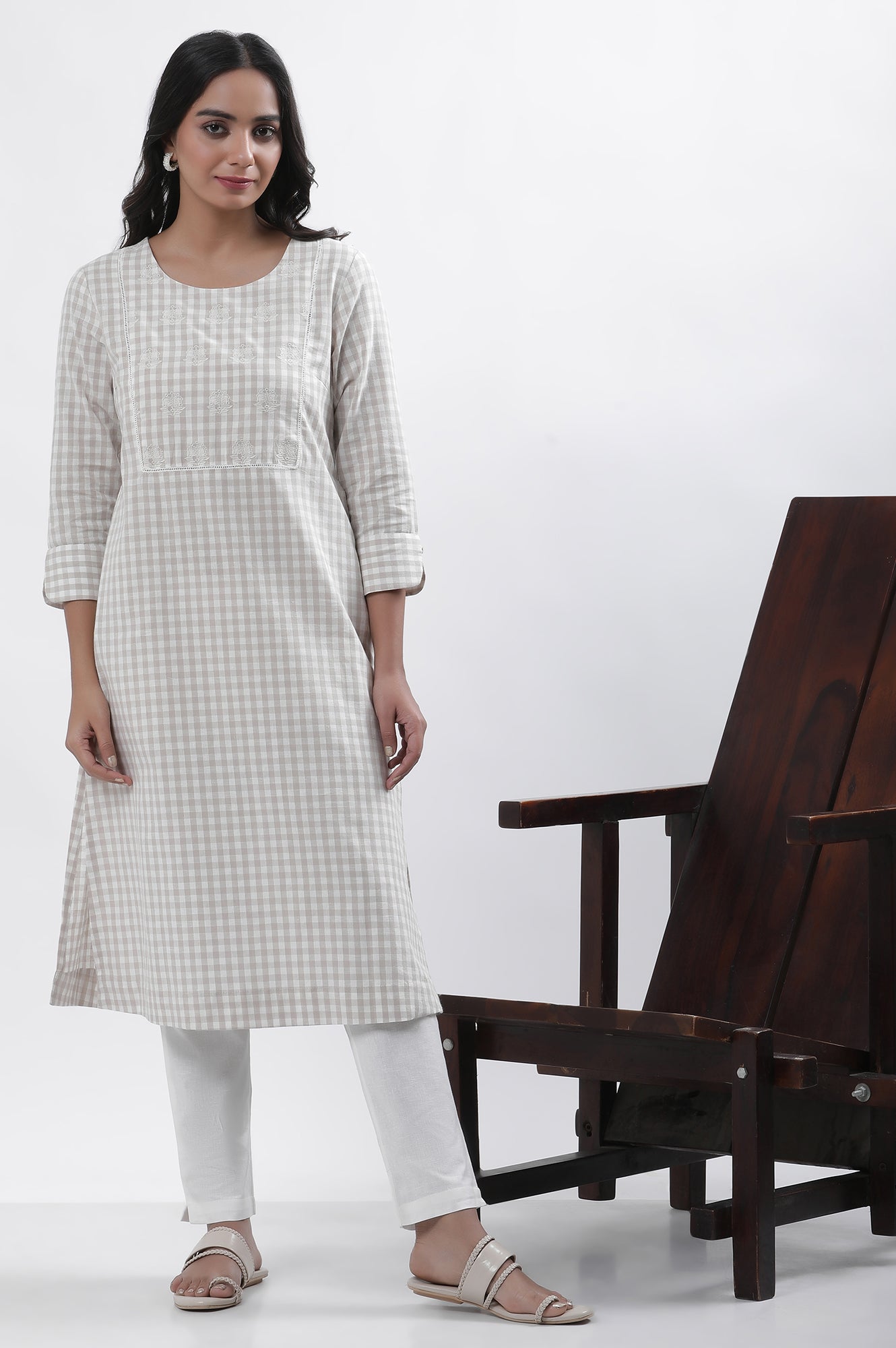 W for Woman White Checker Embroidered Kurta