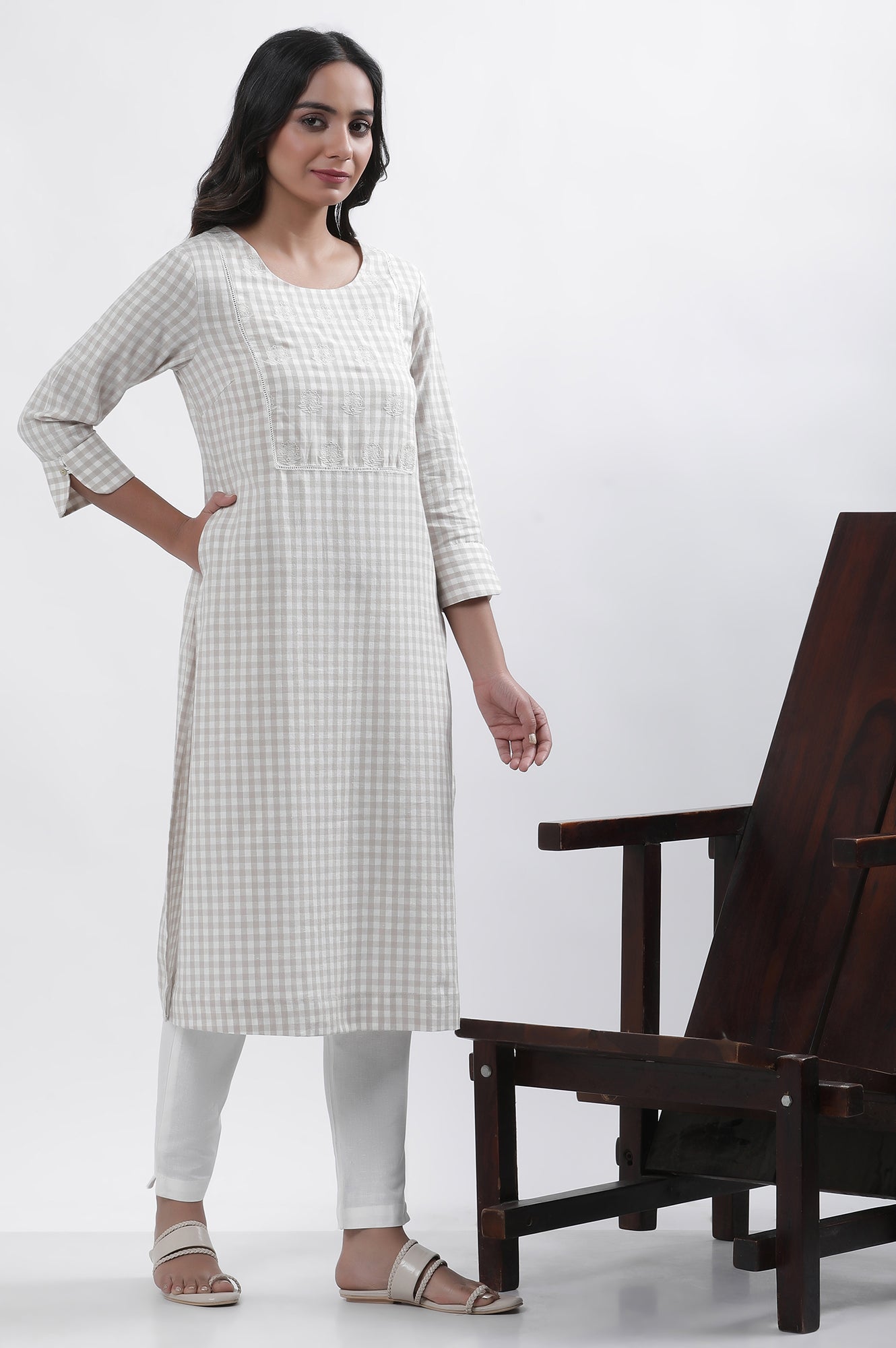 W for Woman White Checker Embroidered Kurta