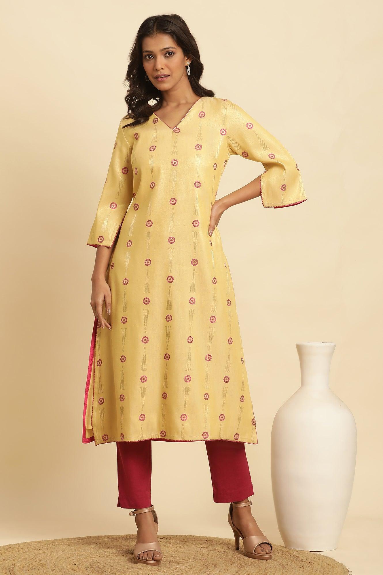 W for Woman Yellow Printed Jacquard Kurta