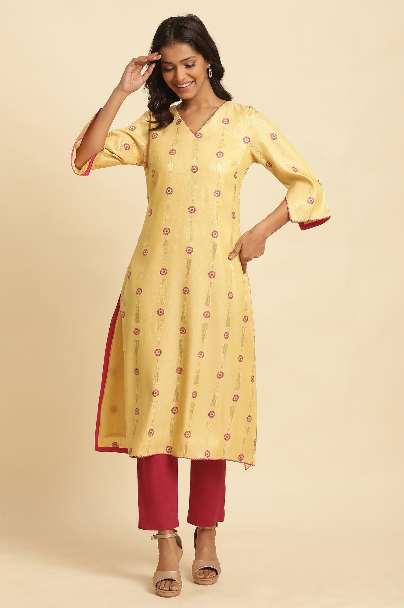 W for Woman Yellow Printed Jacquard Kurta