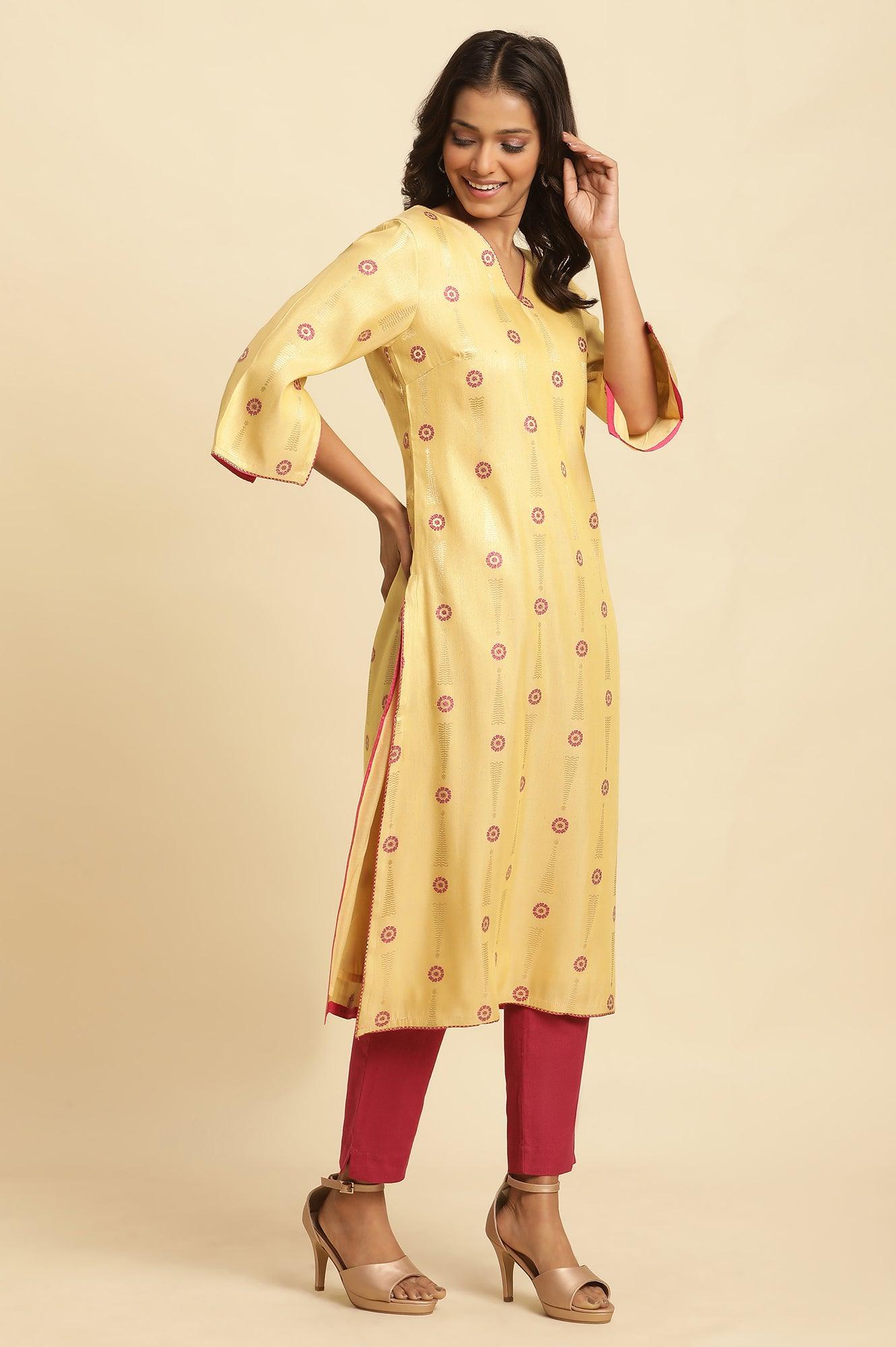 W for Woman Yellow Printed Jacquard Kurta