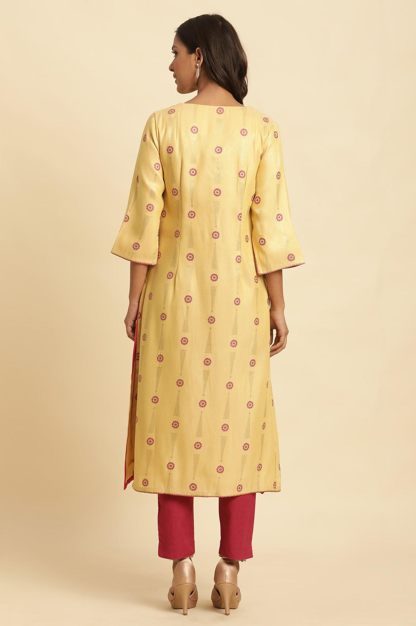 W for Woman Yellow Printed Jacquard Kurta