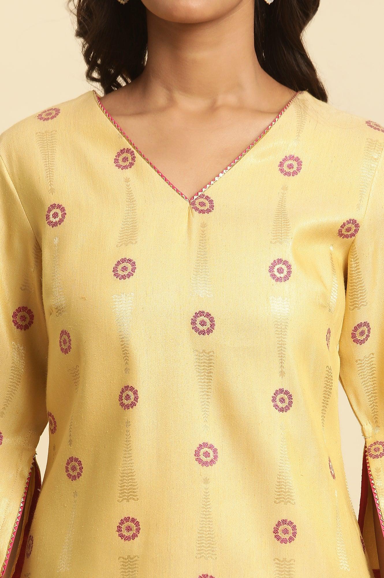 W for Woman Yellow Printed Jacquard Kurta