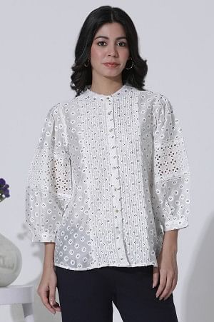 W for Woman White Schiffli Button Down Western Top
