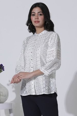 W for Woman White Schiffli Button Down Western Top