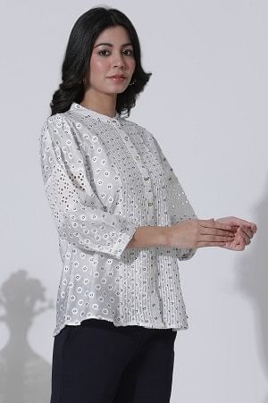 W for Woman White Schiffli Button Down Western Top