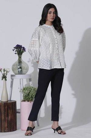 W for Woman White Schiffli Button Down Western Top