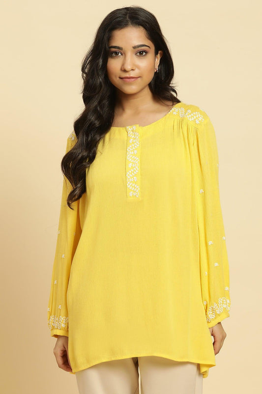 W for Woman Yellow Summer Top With White Floral Embroidery