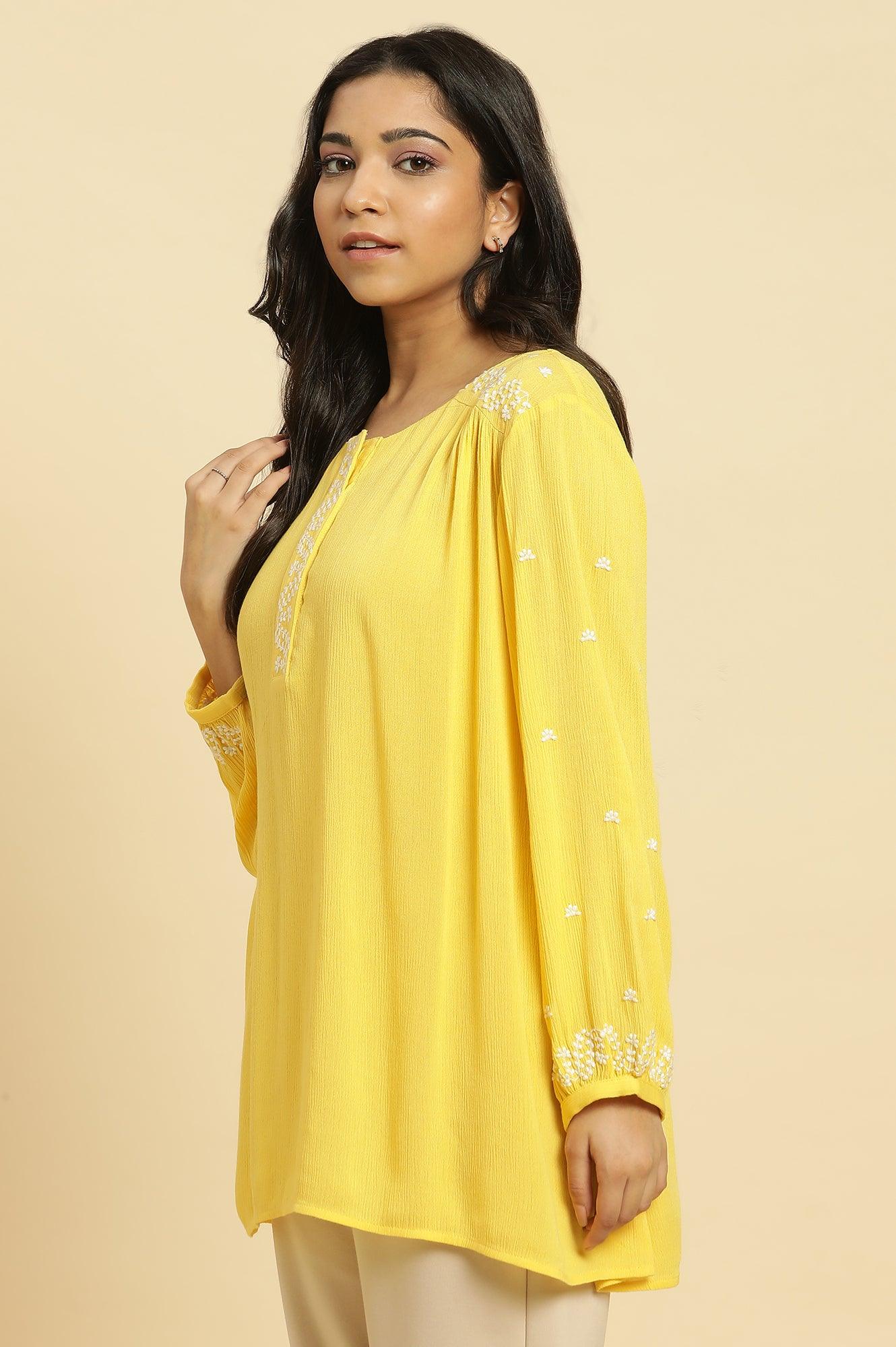 W for Woman Yellow Summer Top With White Floral Embroidery