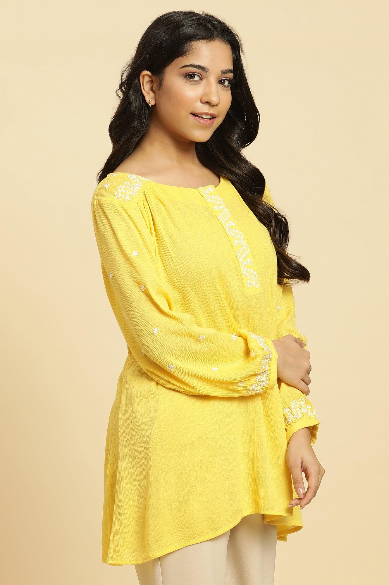 W for Woman Yellow Summer Top With White Floral Embroidery