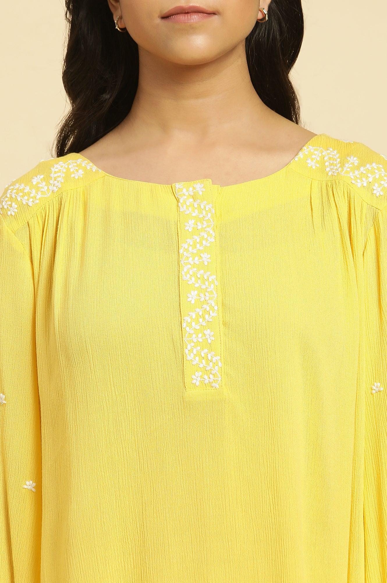 W for Woman Yellow Summer Top With White Floral Embroidery