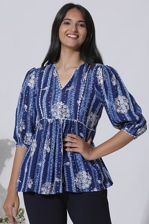 W for Woman Blue Floral Printed Top With Lace